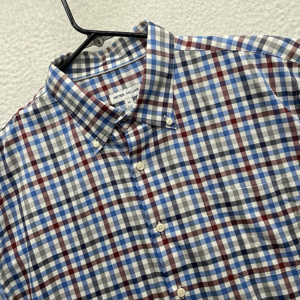 Peter Millar Shirt Mens XL Red Blue Gray Plaid Check Cotton Nylon Button Up